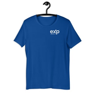 May include: A royal blue t-shirt with a white "exp" logo and the text "REALTY" underneath.