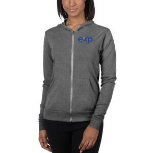 May include: A heather gray zip-up hoodie with a small logo on the left chest that says "exp realty" in blue and orange lettering.