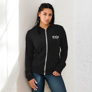 May include: A black zippered hoodie with a white "exp" logo and the text "REALTY" underneath.