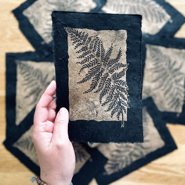 Golden Fern Linoprint. Gold Ink on Delicate Handmade Napalese Black Lokta Paper. Hand-pulled Botanical Print. Orginal Wallart.