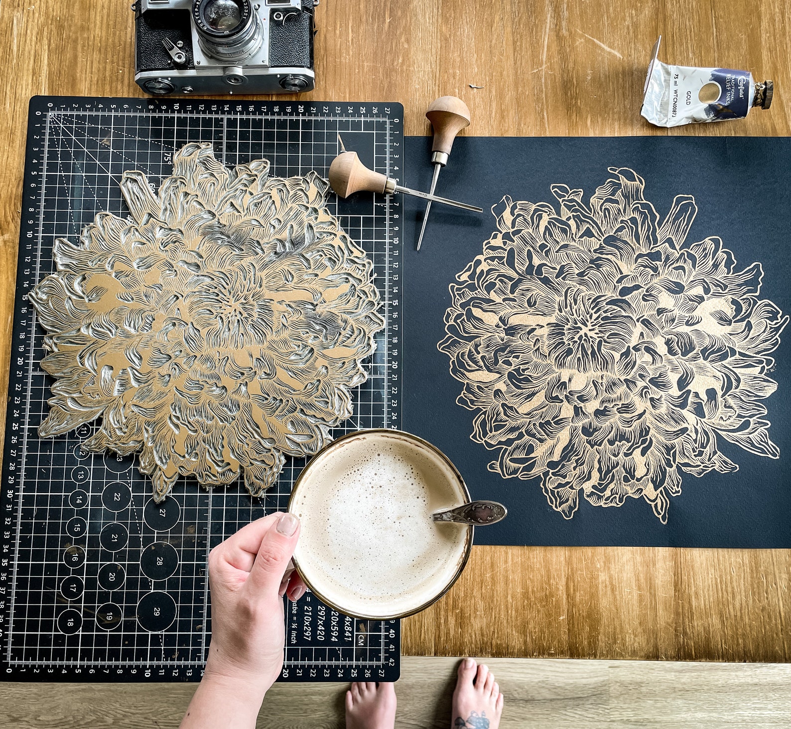 Golden Peony Linoprint. Gold Ink Linocut on Black Fabriano Etsy