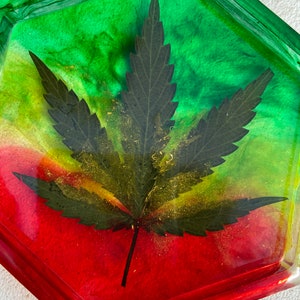 May include: A hexagonal resin tray with a green, yellow, and red color scheme. A pressed leaf with a dark green color is embedded in the resin.