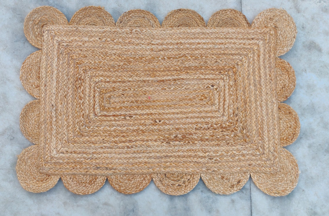 Jute Scalloped Rugs 2x3 Feet Living Room Area Rugblue Etsy