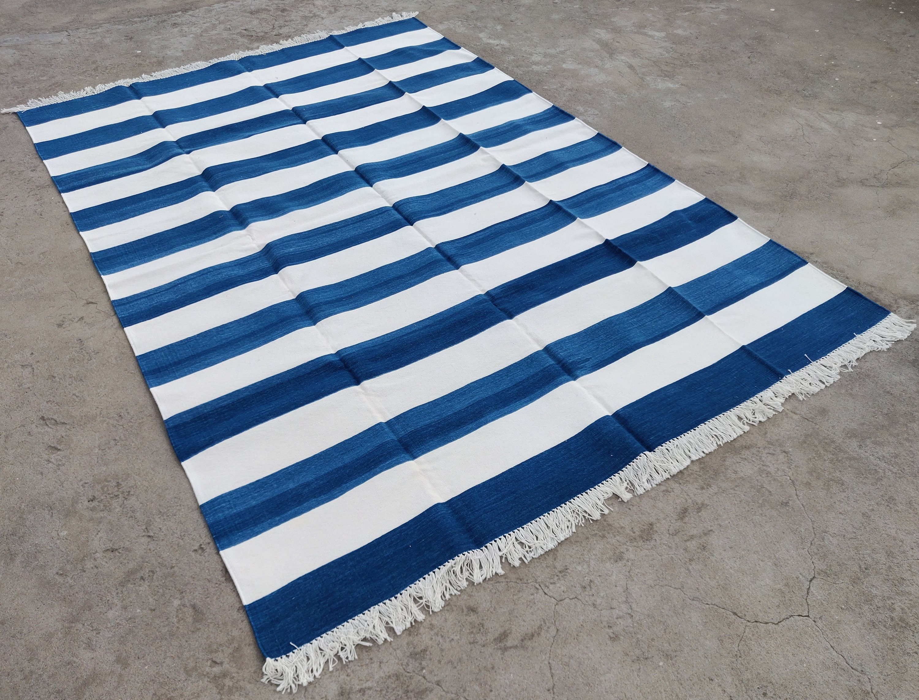Cotton Rug Home Decor Living Room Flat Weave Rug 4'x6' Handwoven Handmade Natural Vegetable Dyed Blue & White Cotton Striped Rug Rag Dhurrie