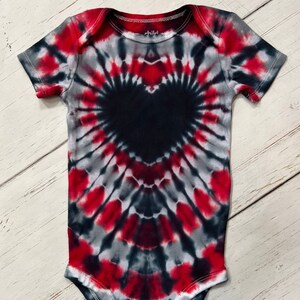 Red, Black, Heart Tie Dye Infant Bodysuit, customize colors and personalization available