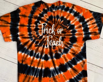 Trick or Teach Halloween Tie Dye Shirt, teacher shirt, orange and black tie dye shirt