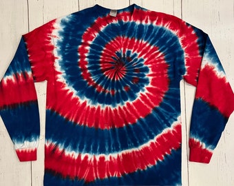 Camisa tie-dye de manga comprida com estampa de 4 de julho, vermelha, branca e azul, para adulto