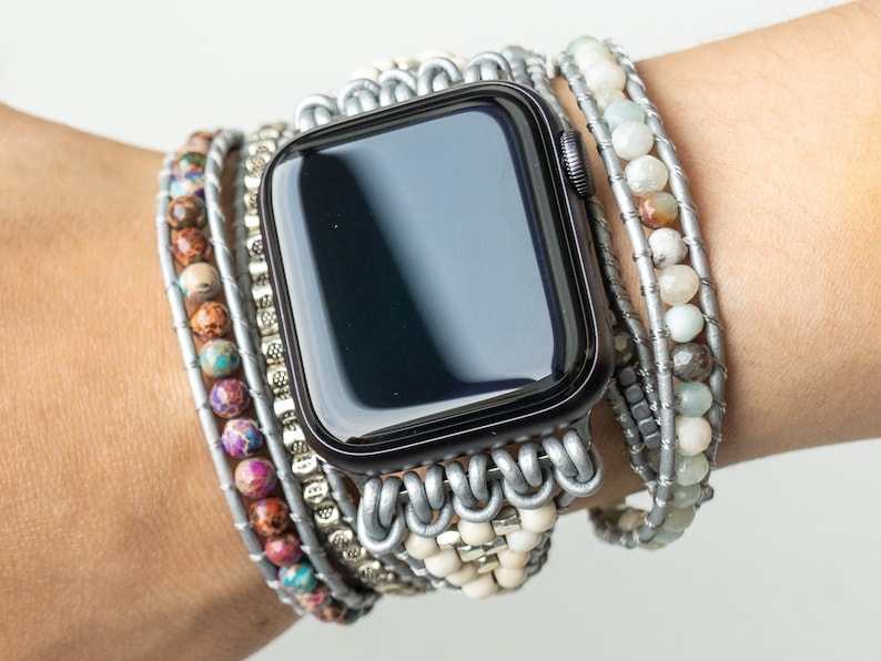 Sea Sediment Stone Apple Watch Band Wrap Bracelet Gemstone Smart Watch Band Straps Beaded Bracelet Crystal Stone Bracelet Gift for Her 