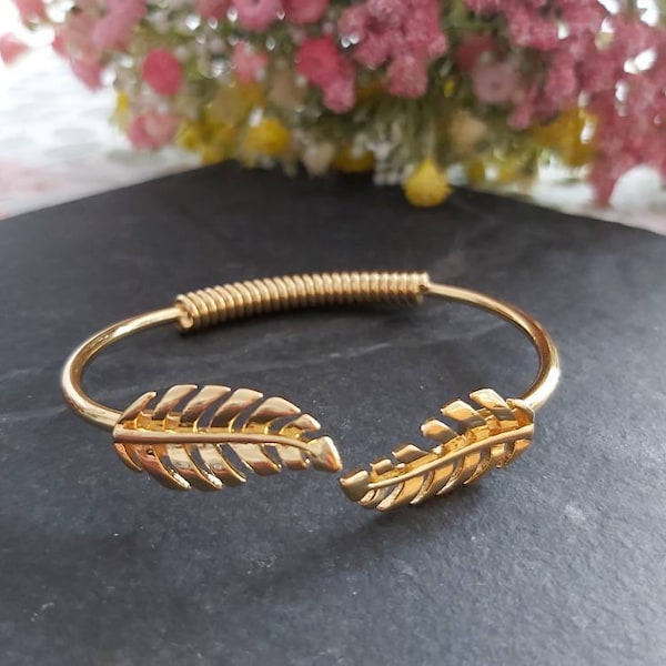 Leaf bangle, cuff bangle, open bangle,  leaf bracelet, gold bangle, adjustable bangle, feather bracelet, mothers day,birthday gift,