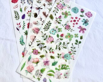 3x Flower & Leaf Sticker Sheets | Washi Sticker Pack | Journal Supplies | Bullet Journal | Scrapbook | Plants |