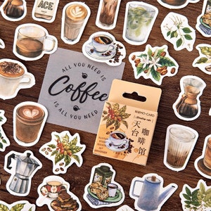 45 Stück Retro Kaffee und Pflanzen Aufkleber Album | Dekorative Aufkleber | Junk Journal | Scrapbooking | Bullet Journal Zubehör | Ästhetisch
