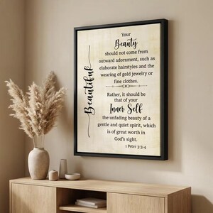 1 Peter 3:3-4, "Your Beauty...", Canvas Wall Hanger, Frame or Paper Prints, Scripture Print, Bible Verse decor, Courage, Faith
