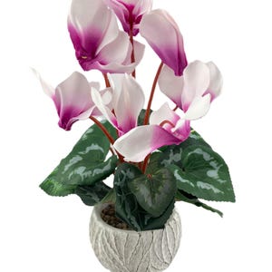 Puede incluir: Una planta artificial en maceta con flores rosas y blancas y hojas verdes. La maceta es blanca con una superficie texturizada.
