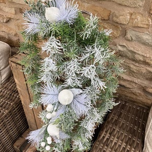 Artificial Asparagus Trail With Snow & Xmas White Pear and Eucalyptus