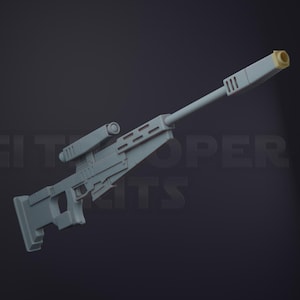 May include: A light grey sci-fi sniper rifle model featuring a long barrel with a tan muzzle brake, a mounted scope, and a stock. The design includes geometric paneling and vents along the barrel and body, presented against a dark background.