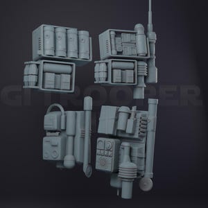 May include: Four grey, detailed, futuristic packs, possibly for a costume or prop. Each pack has compartments, cylinders, and antenna-like structures. The design suggests a science fiction or military theme. The image has the text "GITROOPER".