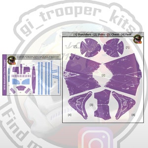 May include: A printable pattern for a Star Wars 187th Battalion Clone Trooper costume. The pattern includes pieces for the shoulders, shins, chest, and feet. The pattern is printed on a white background with purple and blue markings.
