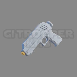 May include: A white plastic toy gun with a yellow tip. The gun is angled slightly to the right.