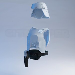 May include: A light gray helmet with attached goggles and a matching vest with a black belt and holster. The items are displayed against a light blue background.
