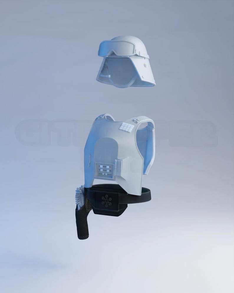 May include: A light gray helmet with attached goggles and a matching vest with a black belt and holster. The items are displayed against a light blue background.