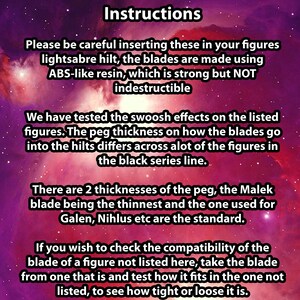 May include: Instructions text on a purple and pink background. The text details how to insert lightsaber blades into figures, made of ABS-like resin. It also mentions peg thickness and compatibility.