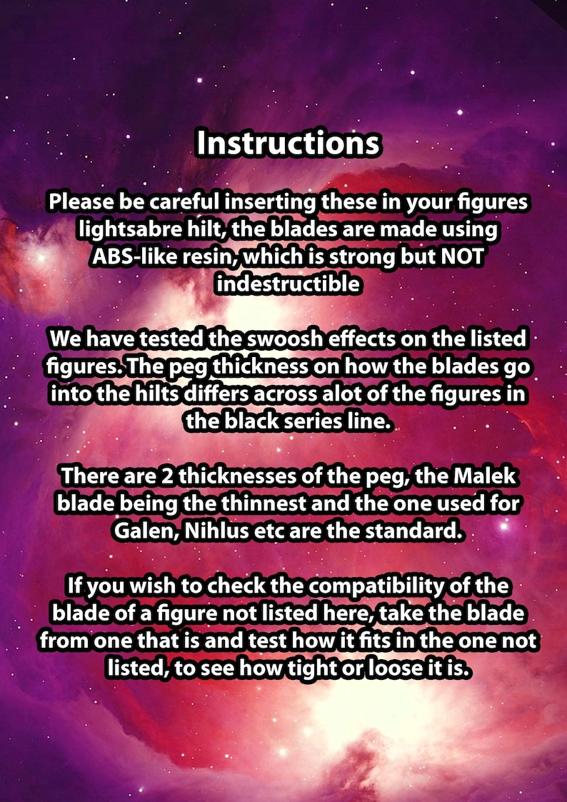 May include: Instructions text on a purple and pink background. The text details how to insert lightsaber blades into figures, made of ABS-like resin. It also mentions peg thickness and compatibility.