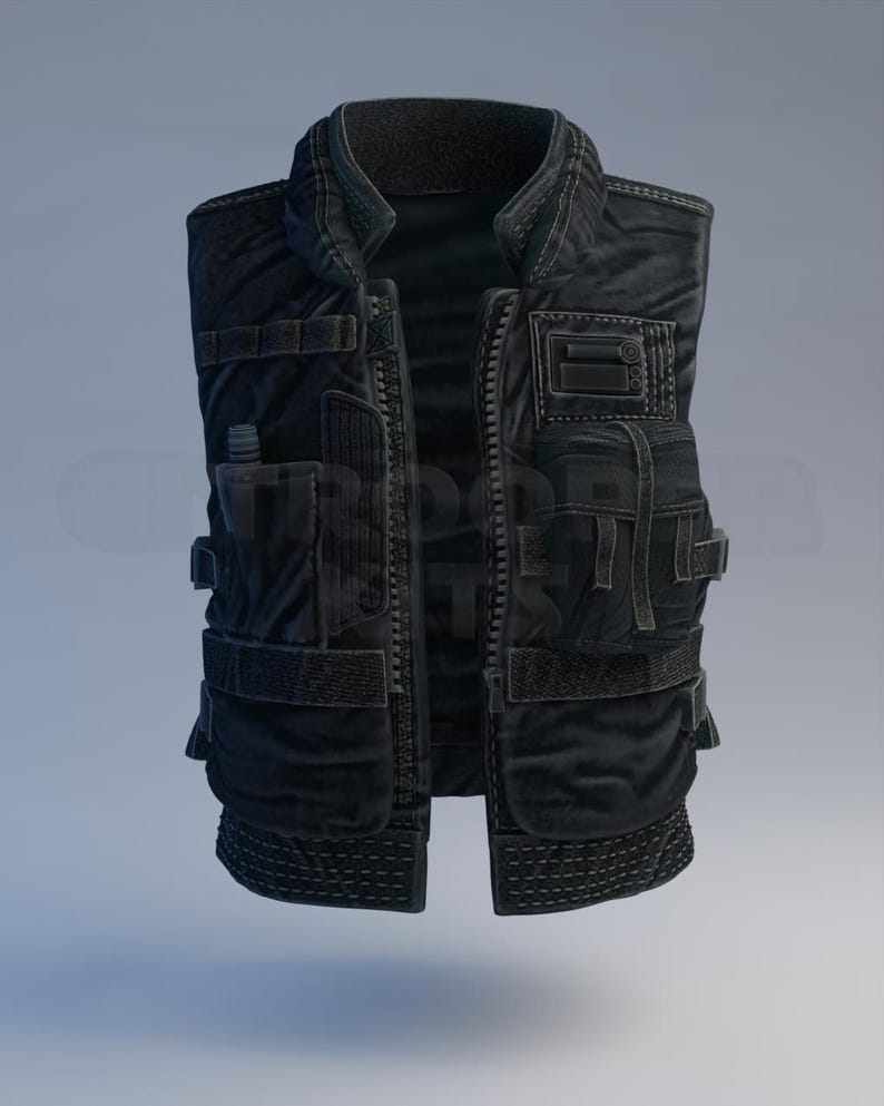 May include: A black tactical vest featuring multiple pockets, straps, and a zip closure. The vest has a padded collar and various attachment points. The design suggests a military or law enforcement theme, with a focus on functionality and durability.