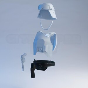 May include: A disassembled white and black costume, including a helmet with visor, chest armor, a belt with a holster, and a blaster pistol. The items are arranged against a light blue background.