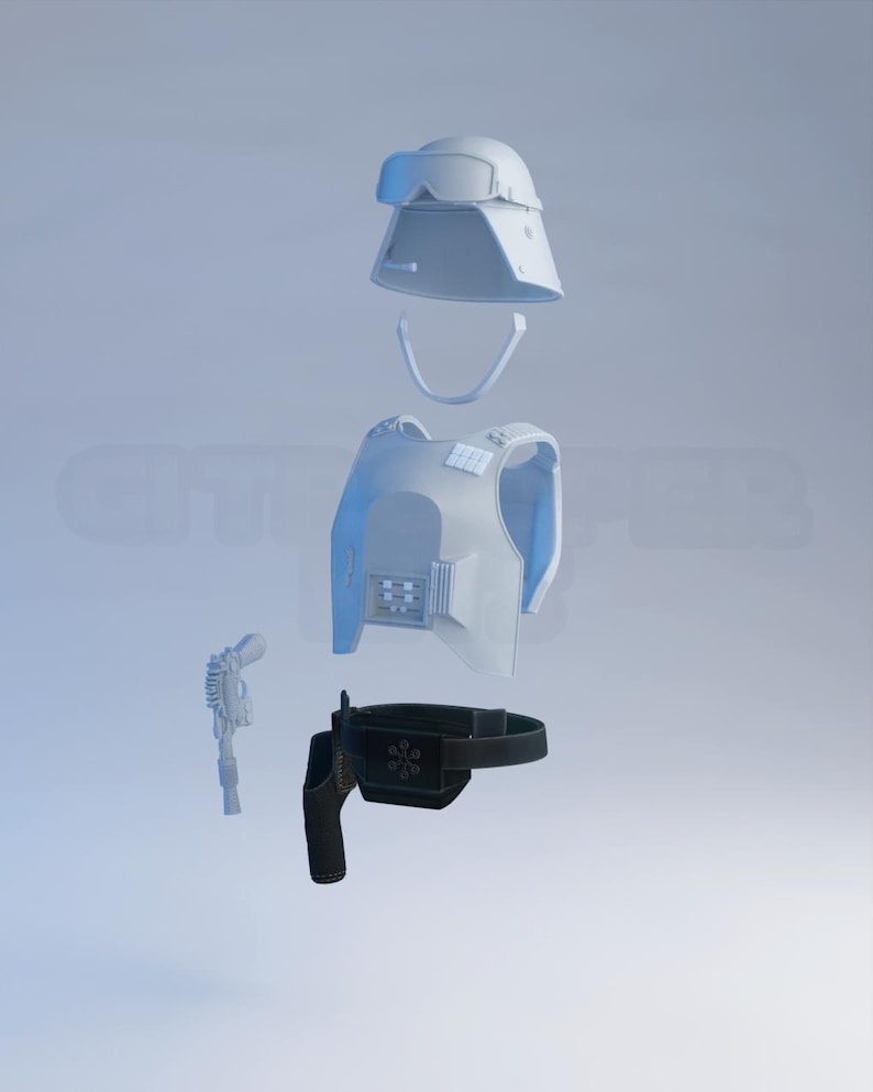 May include: A disassembled white and black costume, including a helmet with visor, chest armor, a belt with a holster, and a blaster pistol. The items are arranged against a light blue background.