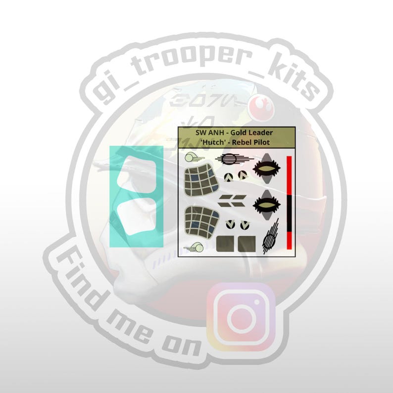 May include: A set of decals for a model spaceship, featuring a black and white design with a red stripe. The decals are labeled "SW ANH - Gold Leader 'Hutch' - Rebel Pilot".