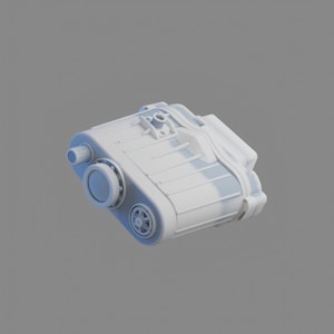 May include: A white, plastic, rectangular-shaped object with a gear and a small knob on the side. The object has a series of ridges on the top and bottom.