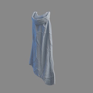 May include: A light blue fabric draped over a hanger. The fabric is wrinkled and has a soft, flowing texture.