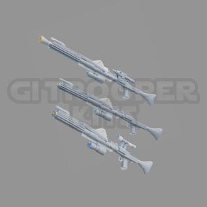 May include: Three white plastic toy blasters with a futuristic design. The blasters have a barrel, a scope, and a handle.