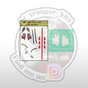 May include: A set of decals for a Star Wars model kit. The decals are red, black, and white and feature the text "SW-ANH-Red Leader - Garven Dreis".
