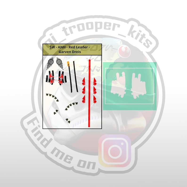 May include: A set of decals for a Star Wars model kit. The decals are red, black, and white and feature the text "SW-ANH-Red Leader - Garven Dreis".