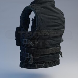 May include: A black tactical vest featuring adjustable straps and buckles. The vest has a high collar and a padded design for protection. The image shows the vest from a side angle, highlighting its structure and features.