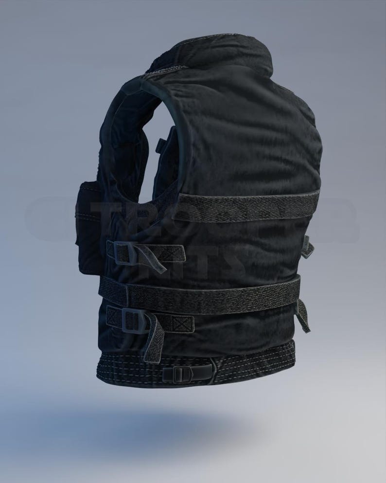 May include: A black tactical vest featuring adjustable straps and buckles. The vest has a high collar and a padded design for protection. The image shows the vest from a side angle, highlighting its structure and features.