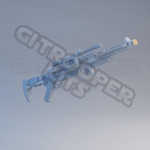May include: A light blue, futuristic-looking blaster rifle with multiple barrels and a scope. The rifle has a curved stock and a cylindrical body. The text "GIT TROOPER" is partially visible in the background.