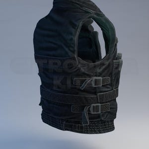 May include: A black tactical vest featuring multiple straps, buckles, and pockets. The vest has a high collar and a streamlined design. The material appears to be a durable, textured fabric. The vest is designed to provide protection and support.