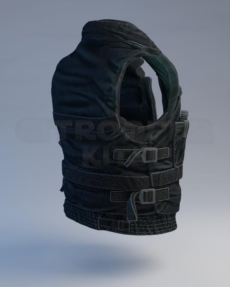 May include: A black tactical vest featuring multiple straps, buckles, and pockets. The vest has a high collar and a streamlined design. The material appears to be a durable, textured fabric. The vest is designed to provide protection and support.