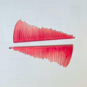 May include: Two translucent, red, wing-shaped objects with a textured, ridged surface. The edges are jagged, giving the appearance of feathers or flames. The objects are positioned against a white background.