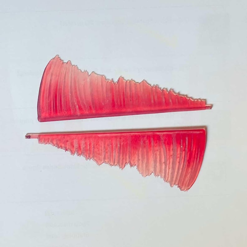 May include: Two translucent, red, wing-shaped objects with a textured, ridged surface. The edges are jagged, giving the appearance of feathers or flames. The objects are positioned against a white background.