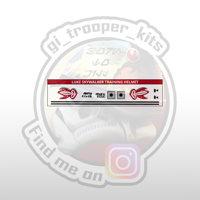 May include: A red and white sticker with the text "LUKE SKYWALKER TRAINING HELMET" and a red and white graphic of a lightsaber. The sticker is on a white background.