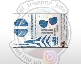 May include: A set of nine blue and gray decals for customizing a Captain Vaughn Clone Trooper action figure. The decals include thigh stripes, calf stripes, hand plates, arm stripes, a back plate, form arm lines, elbows, knee pads, and a chest plate.