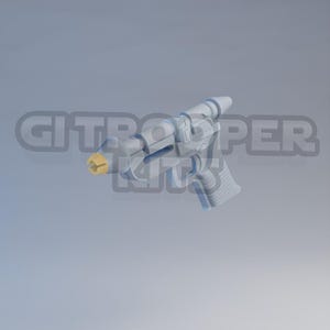 May include: A light blue blaster pistol with a gold-coloured barrel tip. The pistol has a detailed design with various cylindrical and rectangular components. The text "GITROOPER KITS" is partially visible in the background.