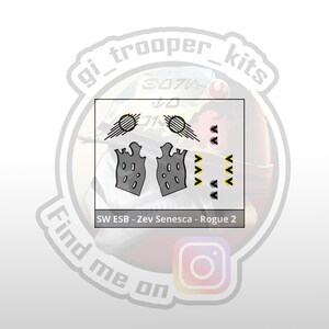 May include: A set of printable Star Wars: The Empire Strikes Back (ESB) helmet decals for a Zev Senesca Rogue 2 pilot helmet. The decals feature a black and white design with a geometric pattern and a black and white helmet detail.