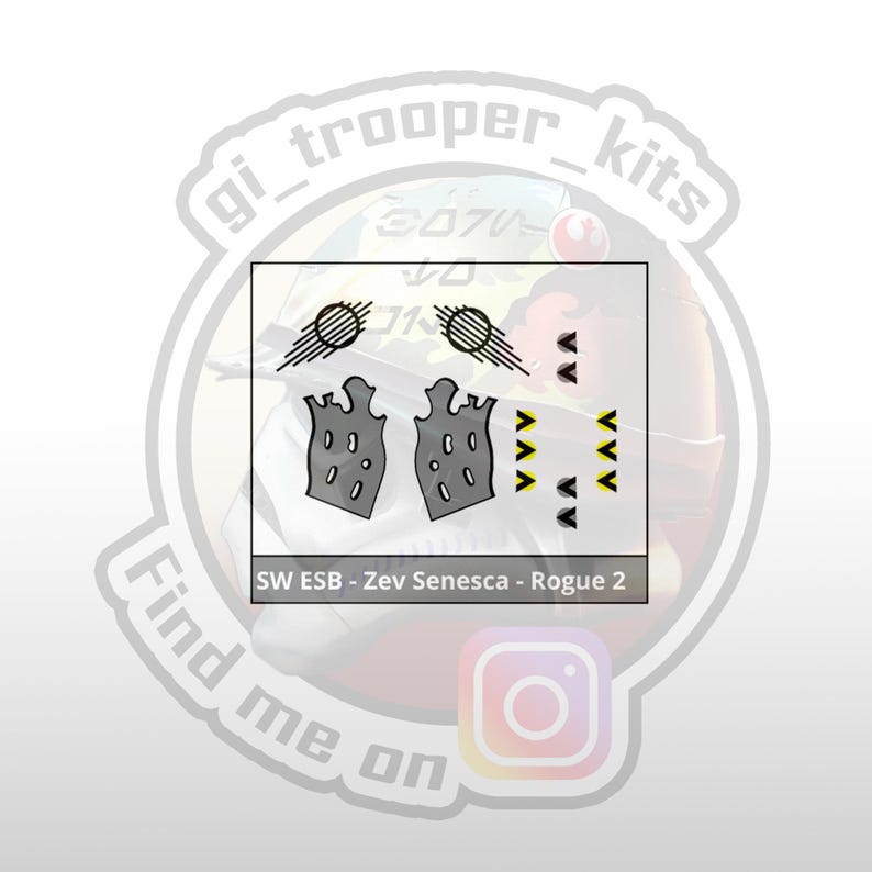 May include: A set of printable Star Wars: The Empire Strikes Back (ESB) helmet decals for a Zev Senesca Rogue 2 pilot helmet. The decals feature a black and white design with a geometric pattern and a black and white helmet detail.