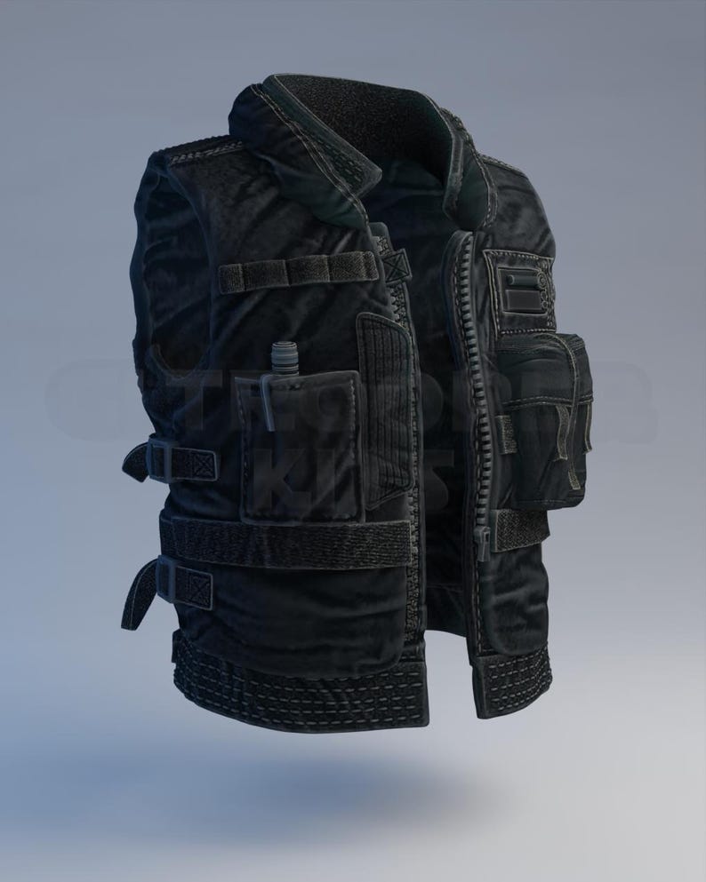 May include: A black tactical vest featuring multiple pockets, straps, and a zip closure. The vest has a padded collar and various attachment points. It appears to be made of a durable, heavy-duty material, suitable for outdoor or tactical use.
