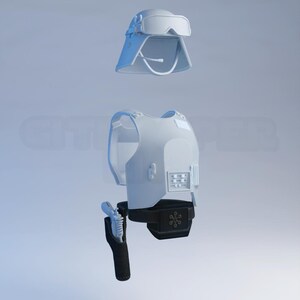 May include: A light gray military-style helmet with attached goggles, a matching vest, and a black holster with a brush. The items are displayed against a light blue background.
