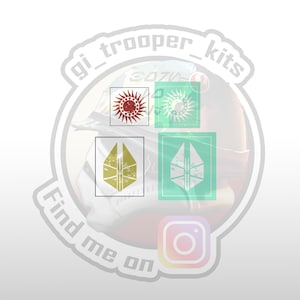 May include: A white circle sticker with the text "gi_trooper_kits Find me on" and an Instagram logo. The sticker has four smaller stickers inside: a red sun, a white sun, a gold chevron, and a green chevron.